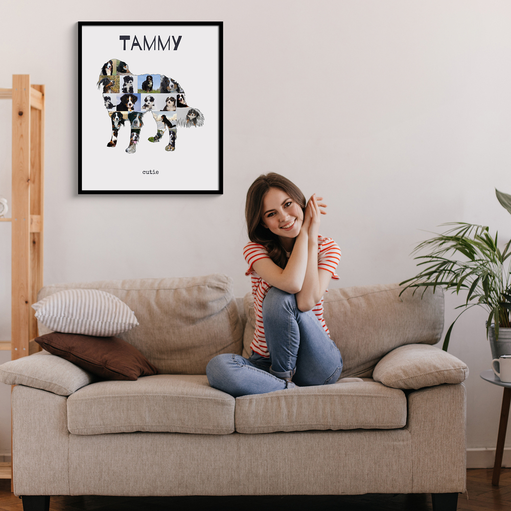 Fotocollage als stehender Berner Sennenhund mit Namen im schwarzen Rahmen über einem beigen Sofa