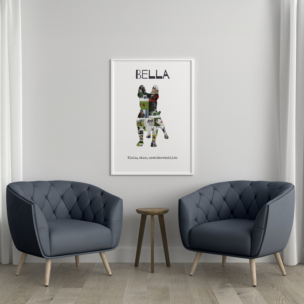 Fotocollage als Silhouette einer Französischen Bulldogge mit Namen, im weißen Rahmen über zwei grauen Sesseln.