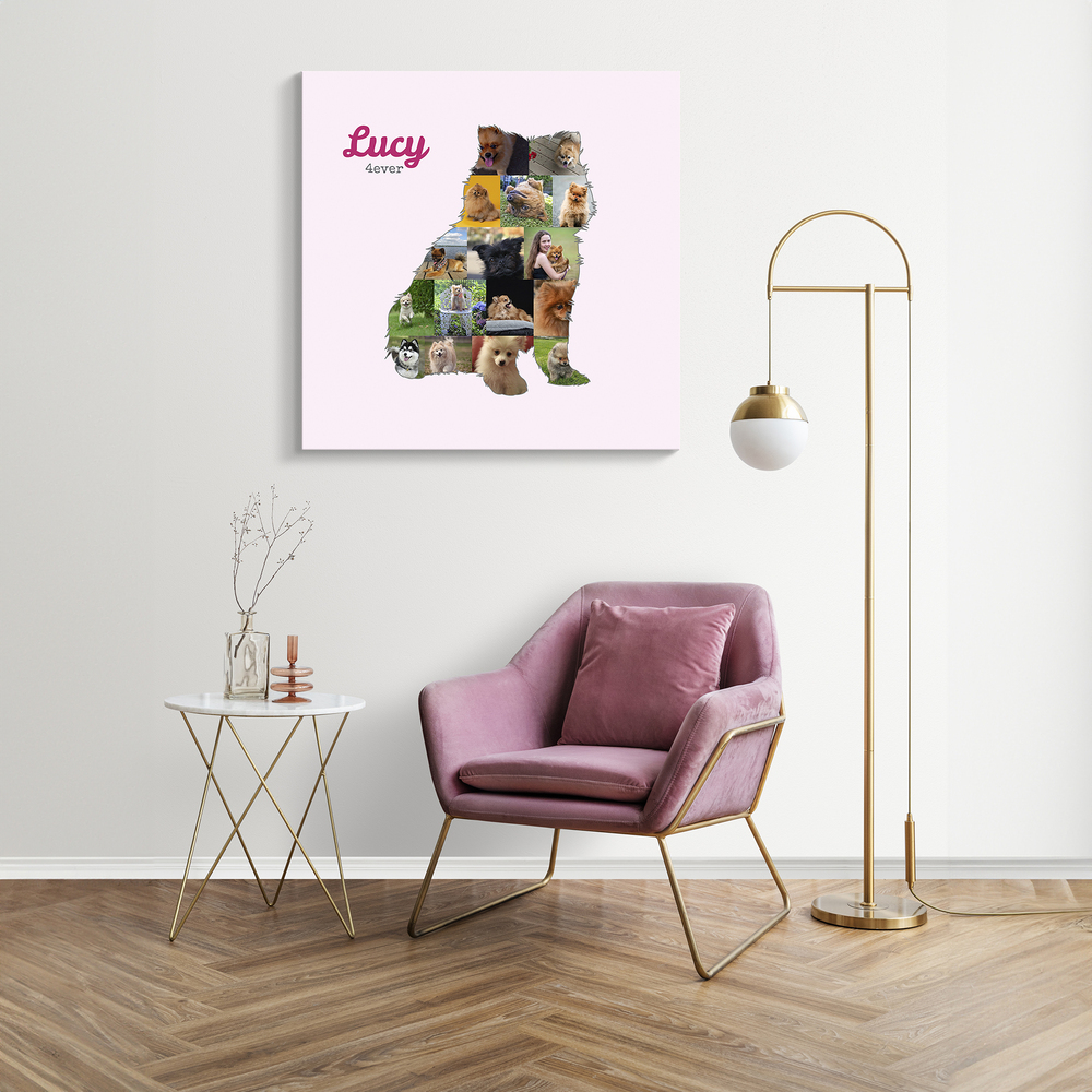 Pomeranian-Fotocollage mit Namen auf rosa Leinwand über einem Samtsessel im Wohnzimmer
