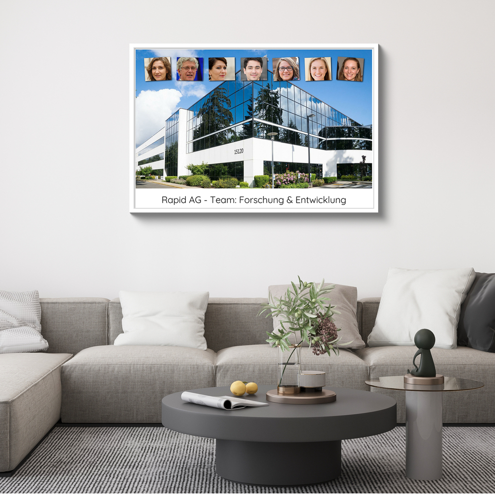 Team-Fotocollage mit Firmengebäude im weißen Rahmen über grauem Sofa, als persönliches Geschenk für Kollegen