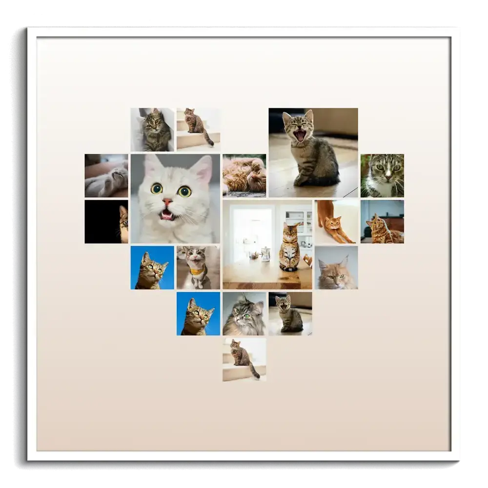 Herzförmige Katzen-Fotocollage auf beigem Verlauf im weißen Rahmen, Geschenk für Katzenliebhaber