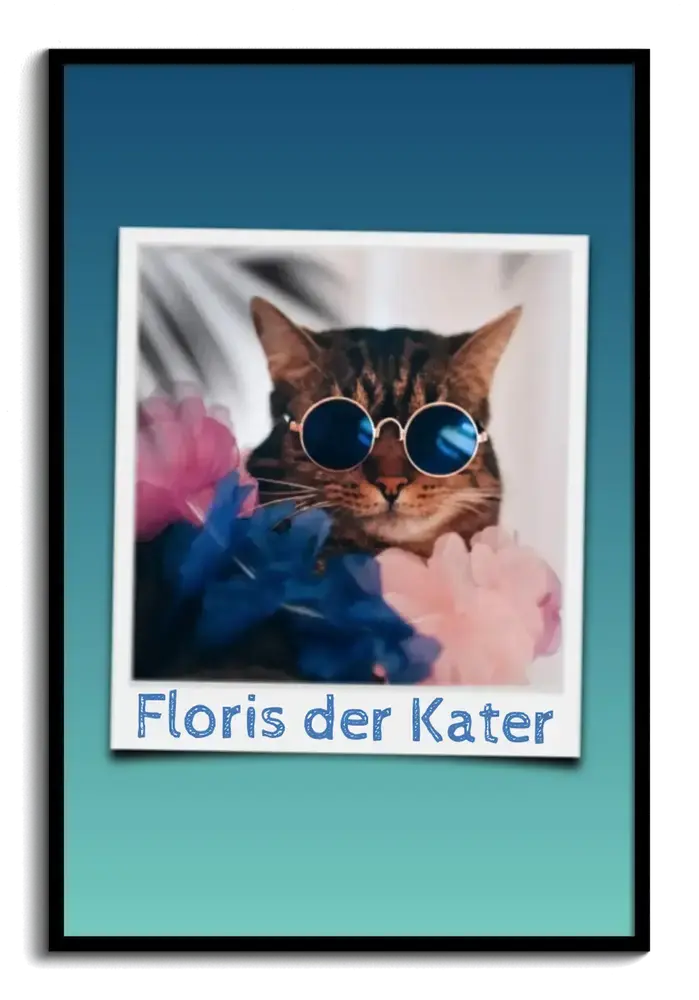 Katzenposter im Polaroid-Stil mit Sonnenbrille und individuellem Namen auf Türkis, im schwarzen Rahmen