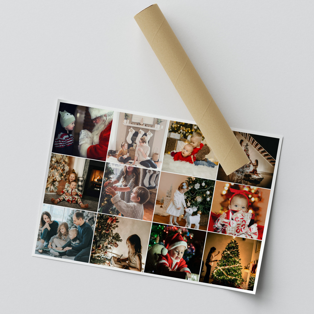 Weihnachtscollage als Poster mit Familienfotos im Raster und eingerollter Ecke, eine Geschenkidee für Eltern