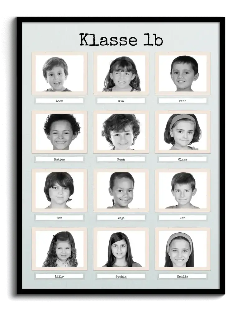 Klassenfoto-Collage mit Namen und Schwarz-Weiß-Porträts im schwarzen Rahmen als Abschiedsgeschenk für die Lehrerin