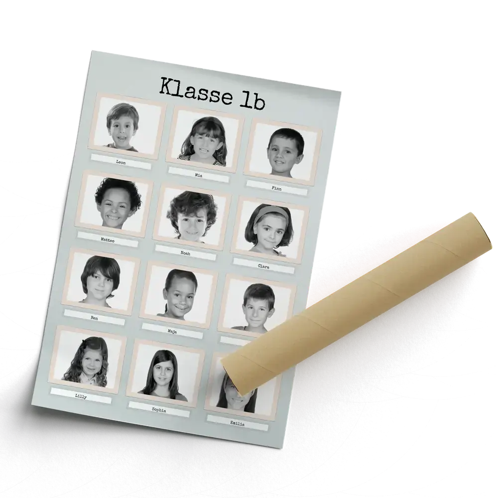 Retro-Klassenfoto-Collage als Poster mit zwölf Schwarz-Weiß-Porträts und Namensfeldern neben einer Versandrolle