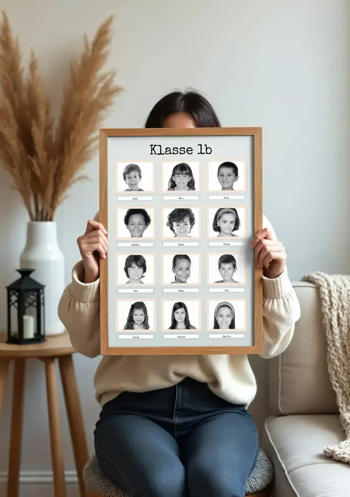 Retro-Klassenfotocollage mit zwölf Schwarz-Weiß-Porträts und Namensfeldern im Naturholzrahmen im Wohnzimmer
