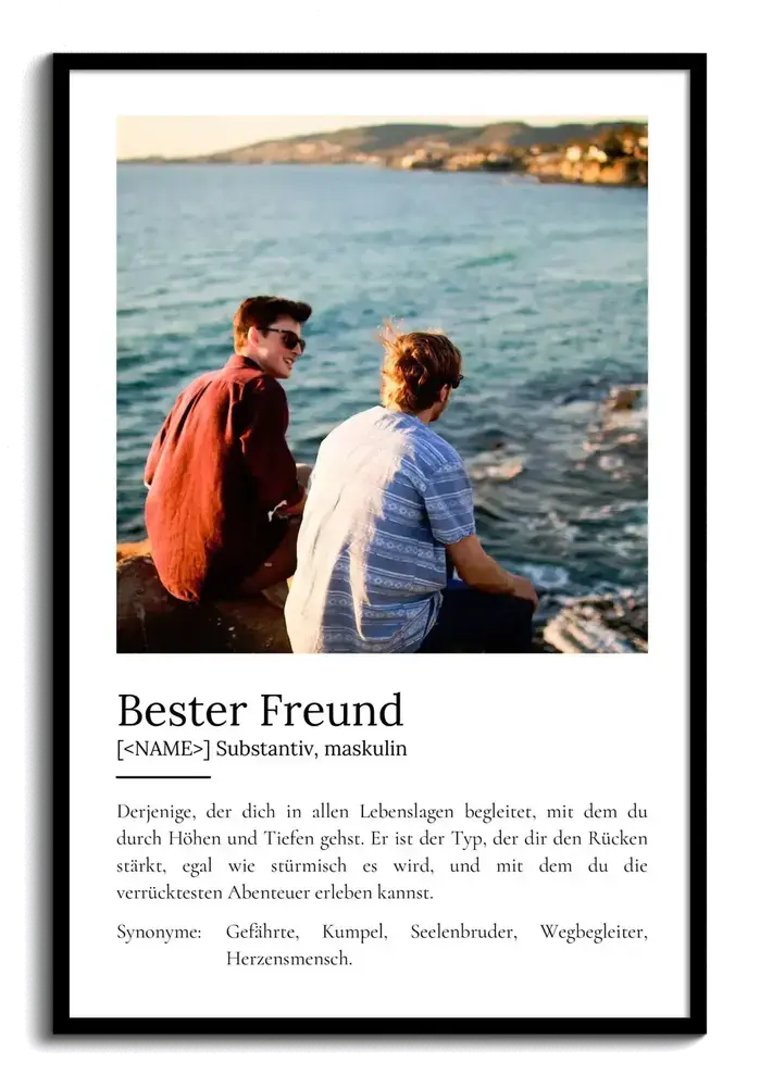 Definitionsposter mit Küstenfoto im schwarzen Rahmen als persönliches Geschenk für den besten Freund
