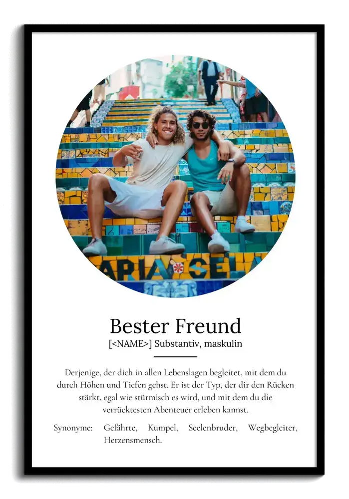 Definitionsposter mit rundem Foto und Freundschaftstext im schwarzen Rahmen, persönliches Geschenk für den besten Freund