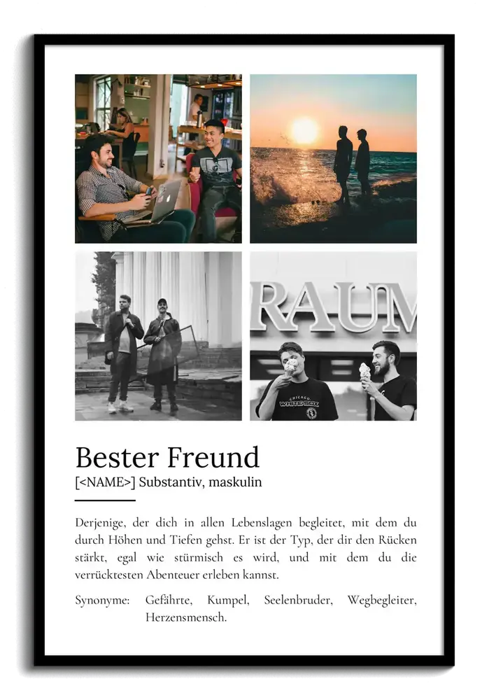 Definitionsposter mit vier Fotos im schwarzen Rahmen als persönliches Geschenk für den besten Freund