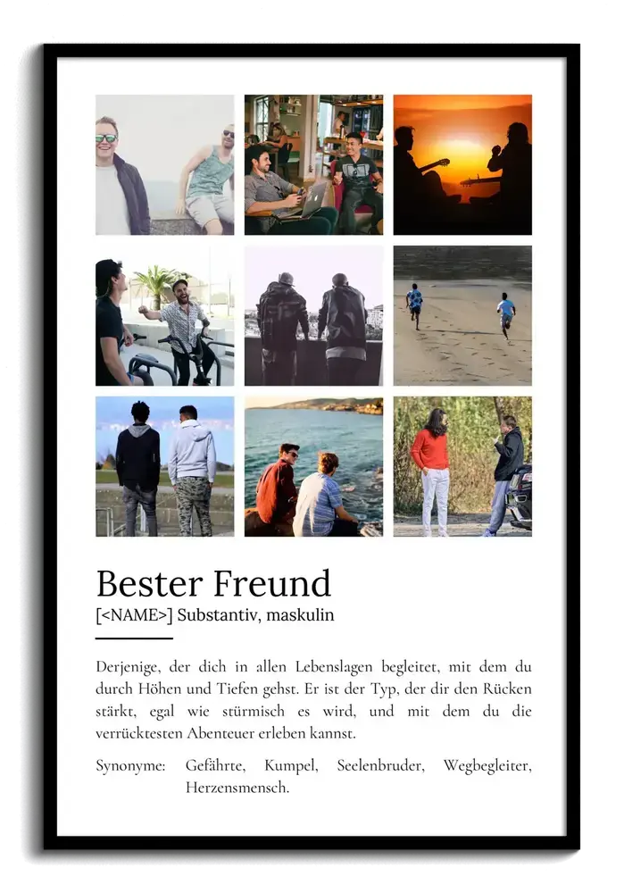 Definitionsposter mit neun Freundschaftsfotos im schwarzen Rahmen als persönliches Geschenk für den besten Freund
