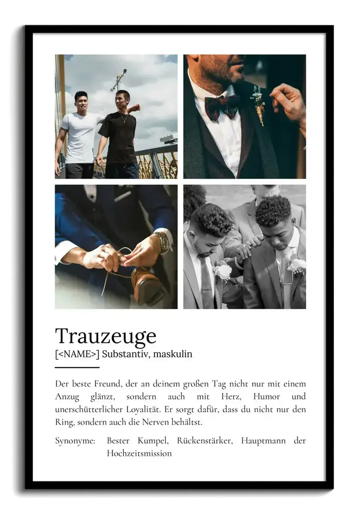 Definitionsposter mit vier Fotos im schwarzen Rahmen als persönliches Geschenk für den Trauzeugen
