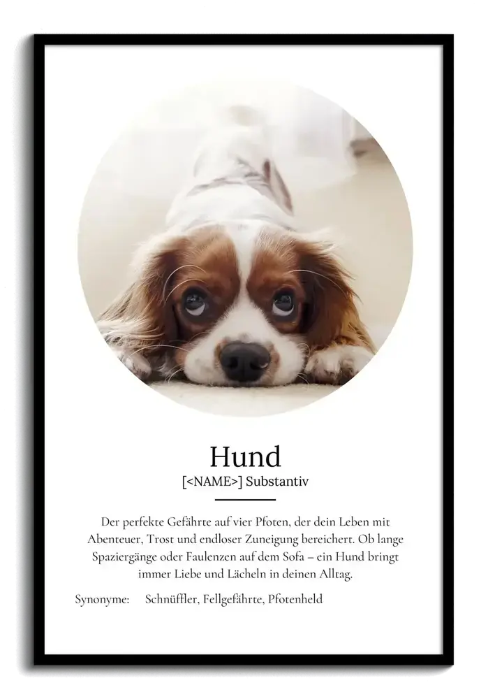 Definitionsposter mit ovalem Hundefoto im schwarzen Rahmen, persönliches Geschenk für Hundefreunde