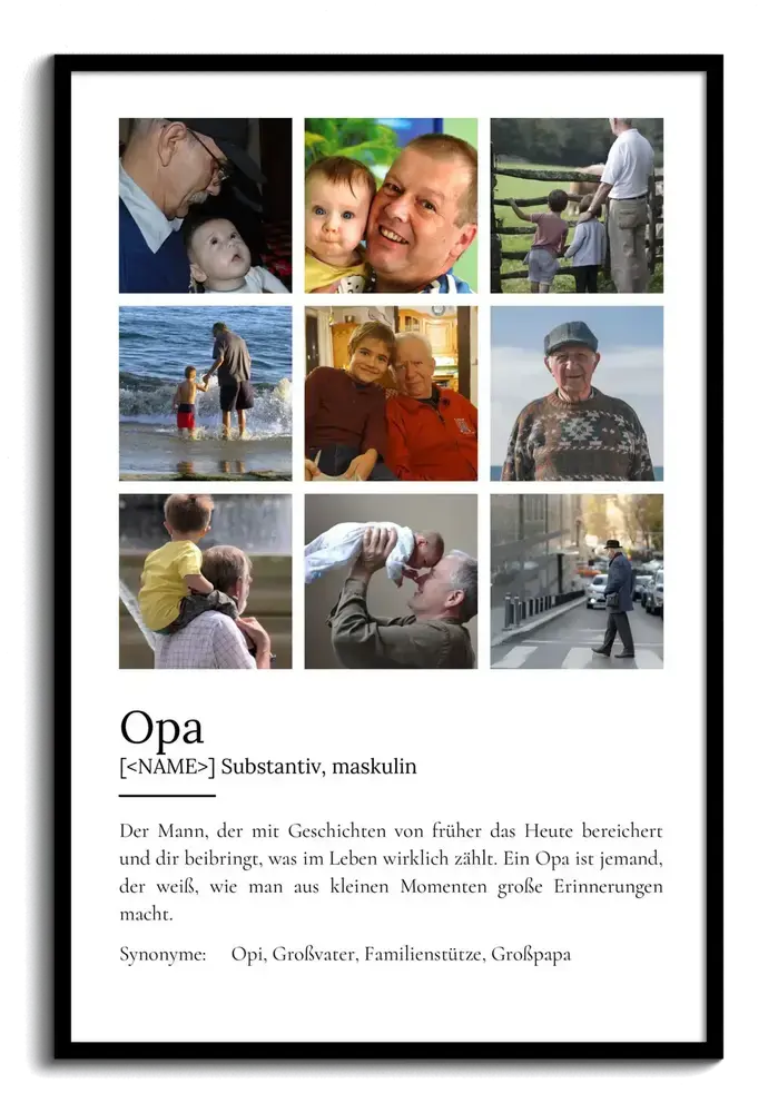 Definitionsposter für Opa mit neun Familienfotos im Raster und Definitionstext, schwarz gerahmt
