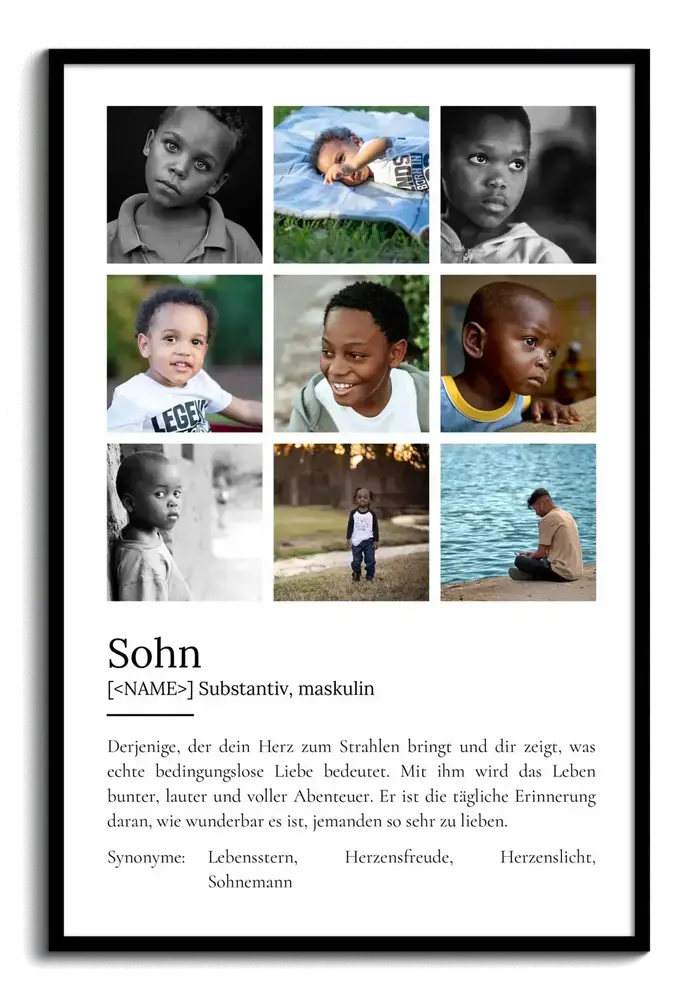 Schwarz gerahmtes Definitionsposter für den Sohn mit neun Fotos im Raster und Definitionstext auf weißem Grund
