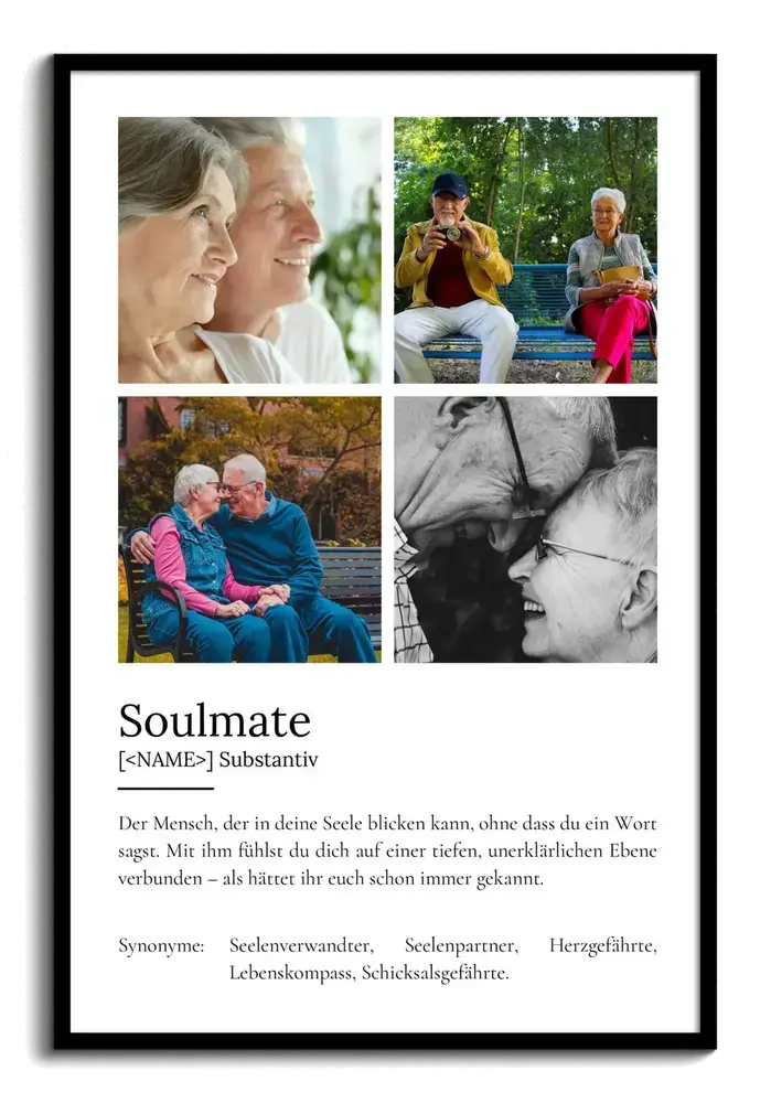 Definitionsposter mit vier Fotos eines älteren Paares im schwarzen Rahmen als persönliches Geschenk zum Hochzeitstag