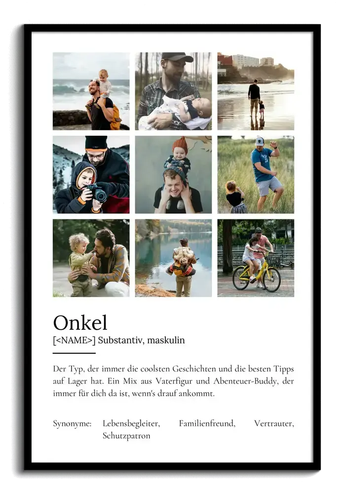 Definitionsposter für den Onkel mit neun Familienfotos im Raster auf weißem Grund, schwarz gerahmt