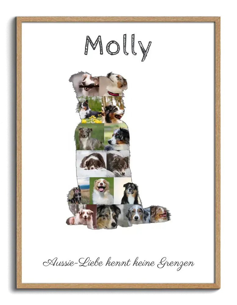 Australian-Shepherd-Fotocollage als sitzende Hundesilhouette mit Namen und Spruch im Naturholzrahmen