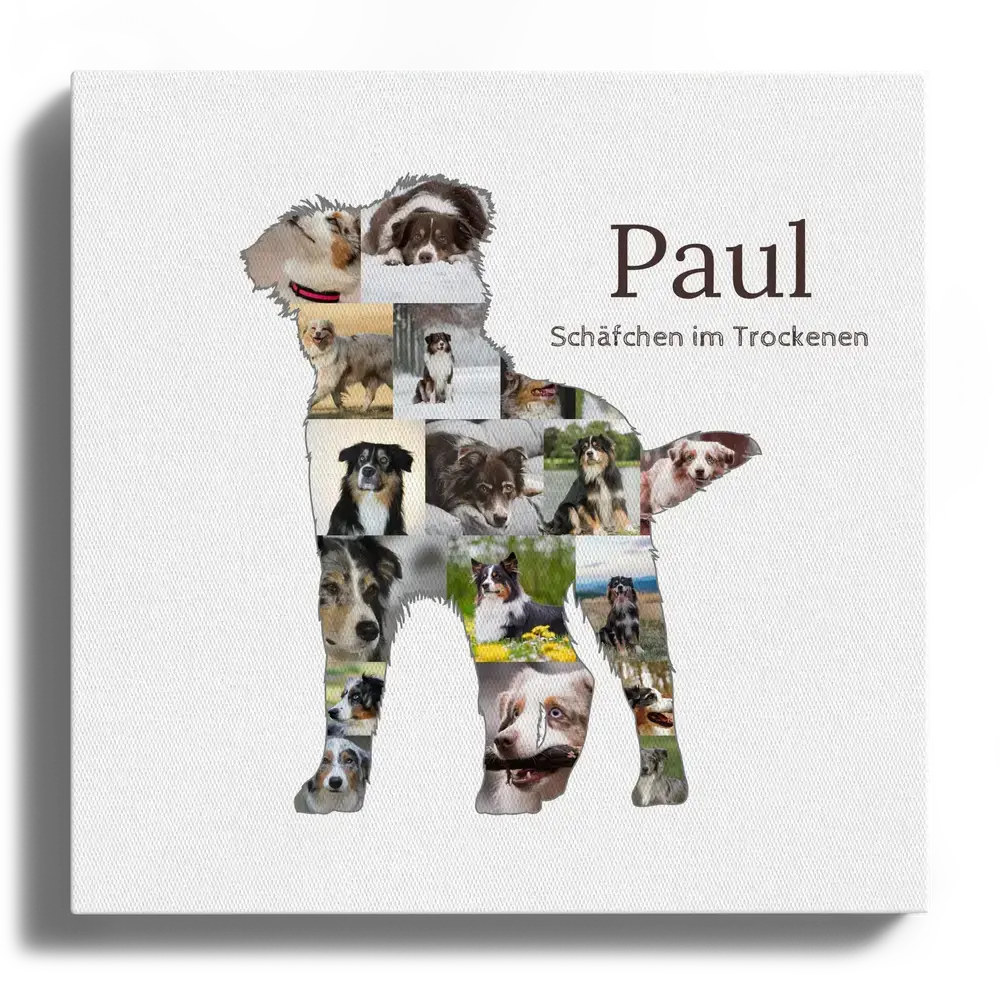 Quadratische Leinwand mit Australian-Shepherd-Silhouette aus Hundefotos, Namen und Spruch auf Weiß