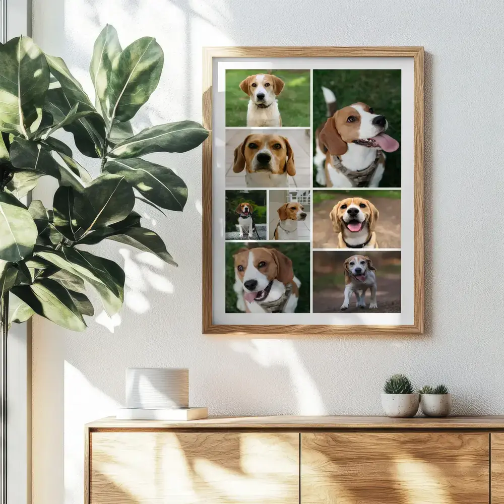Beagle-Fotocollage im Holzrahmen mit unterschiedlich großen Rasterfotos über einer Kommode neben einer Pflanze