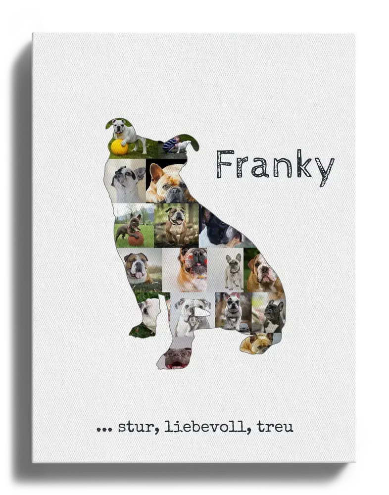 Leinwand mit Fotocollage in sitzender Old-English-Bulldog-Silhouette, Namen und Spruch auf weißem Hintergrund
