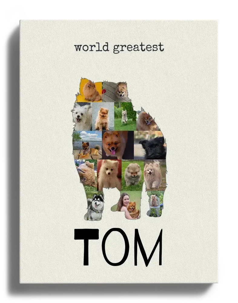 Leinwand mit Fotocollage als stehender Pomeranian, personalisiert mit Namen und Text auf hellem Grund