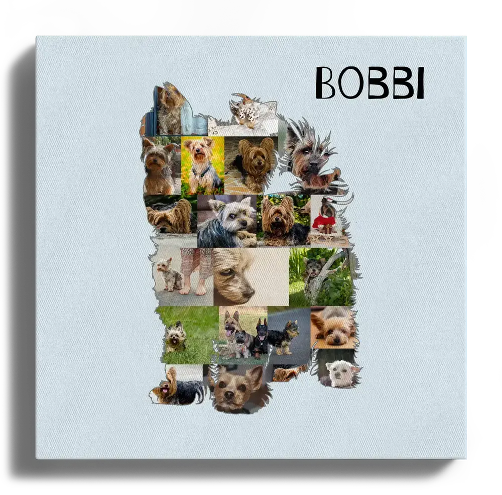Quadratische Leinwand mit Yorkshire-Terrier-Silhouette aus Hundefotos und Namen auf hellblauem Hintergrund