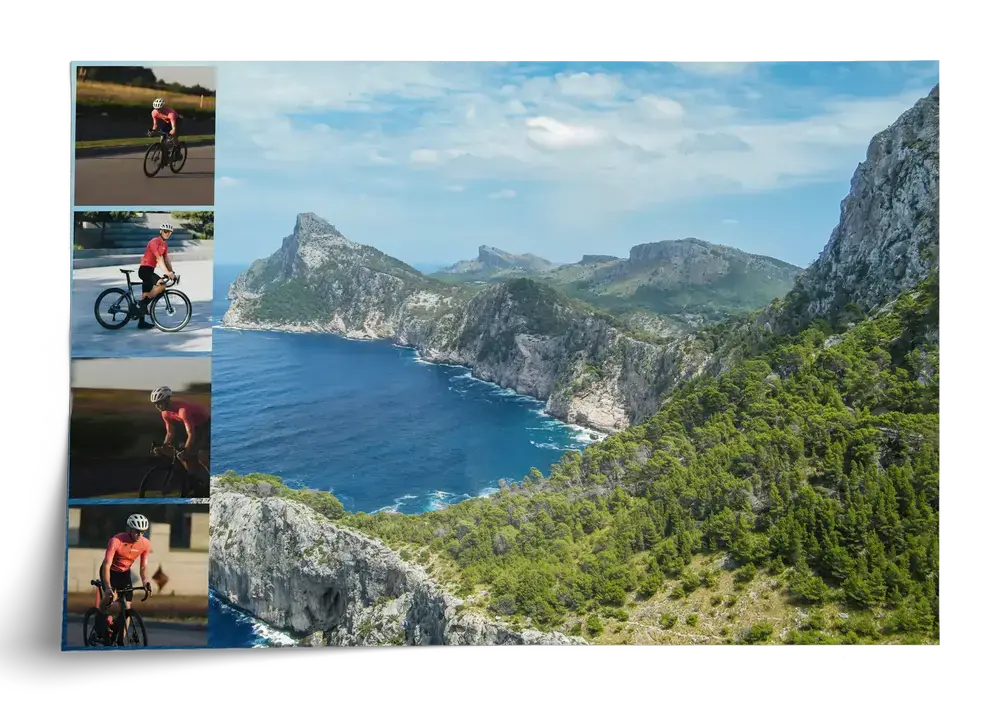 Rennrad-Fotocollage als Poster im Querformat mit großem Küstenpanorama und vier kleinen Radfotos am linken Rand