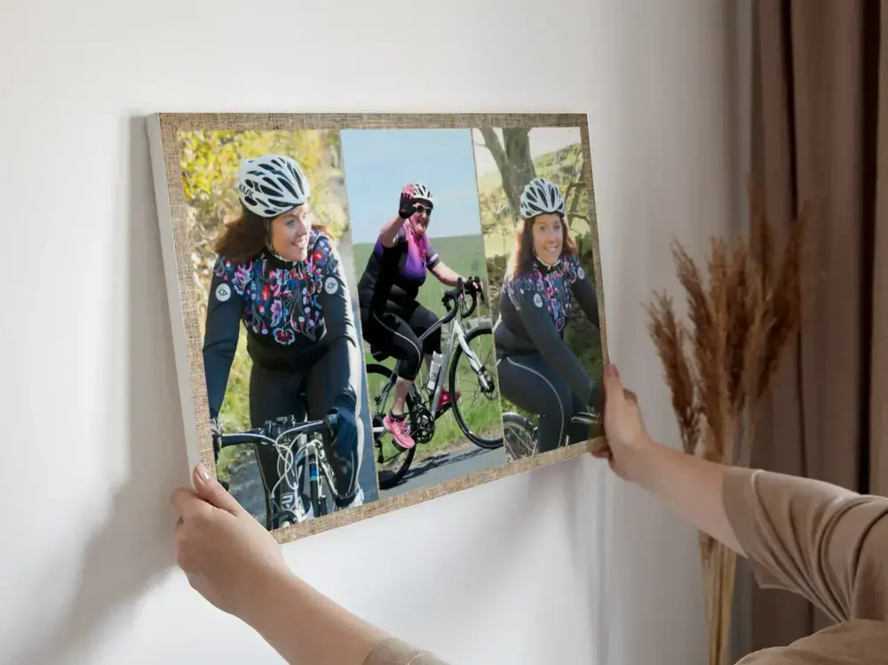 Rennrad-Collage mit drei Fotos im Holzrahmen an einer hellen Wand, als Geburtstagsgeschenk für eine Radfahrerin