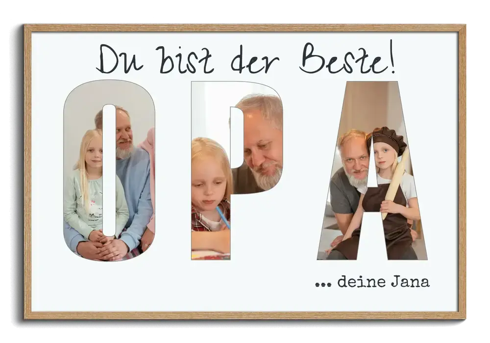 Fotocollage in Buchstabenform mit Opa und Enkelin im Naturholzrahmen als persönliches Geschenk für Opa