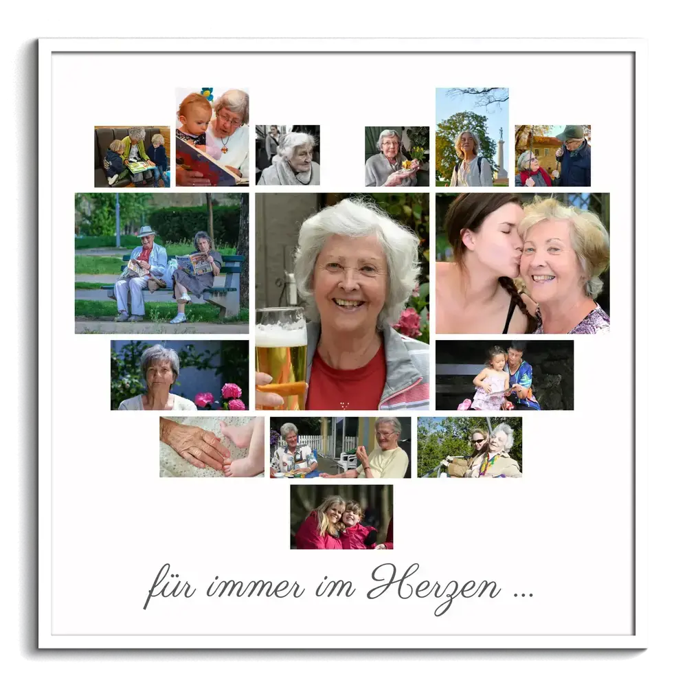 Herz-Fotocollage als Poster im weißen Rahmen mit zentralem Oma-Porträt und persönlichem Gedenkspruch