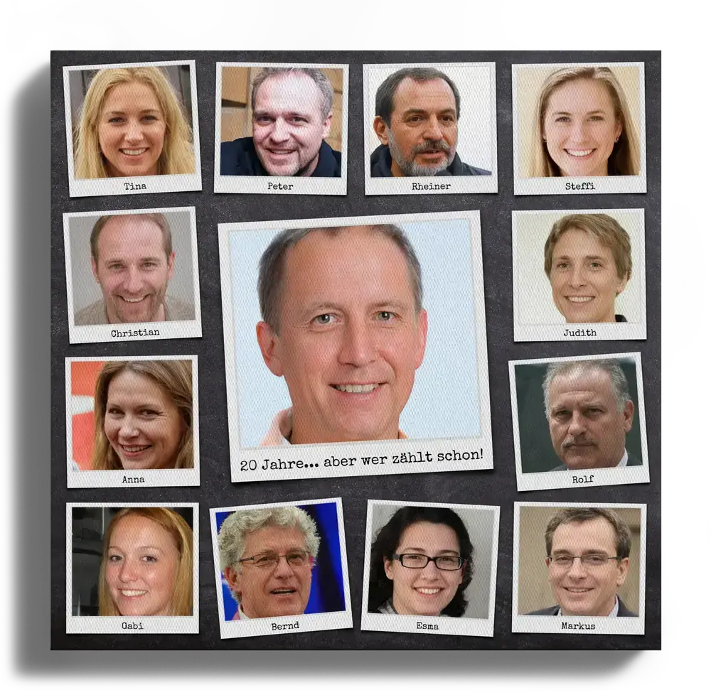Polaroid-Fotocollage auf Leinwand mit großem Mittelfoto und Namen auf dunklem Grund als Geschenk zum Ruhestand