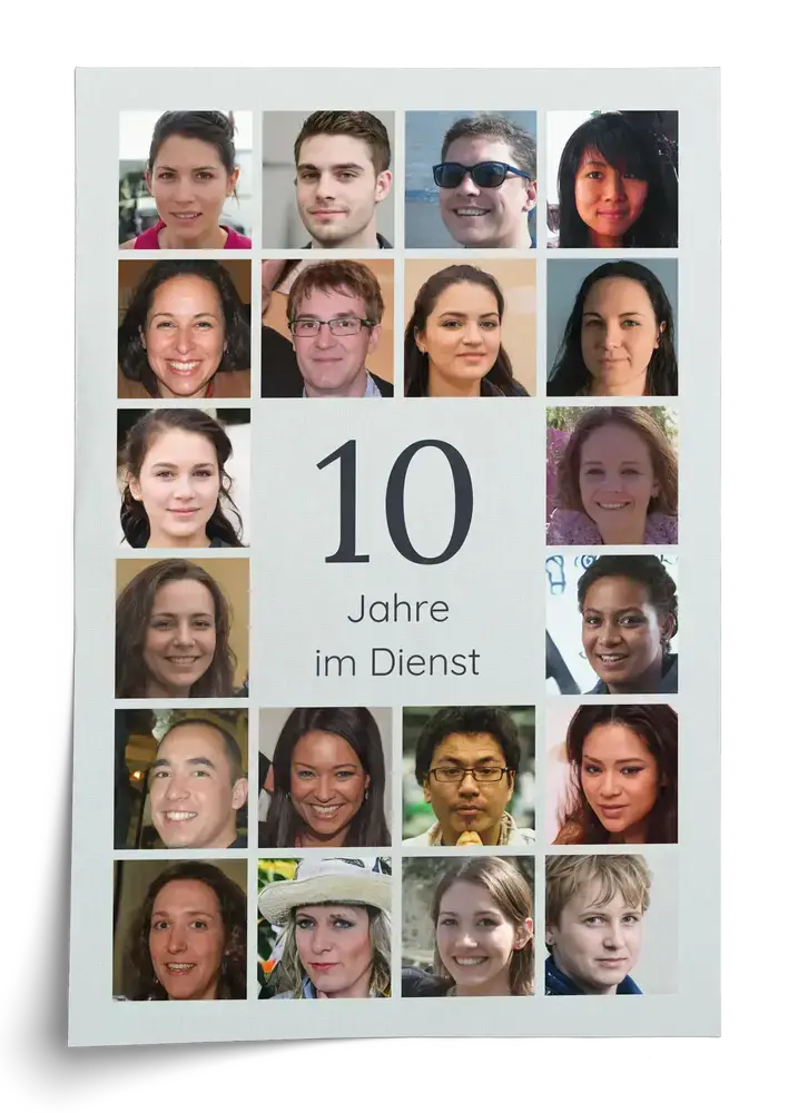 Fotocollage als ungerahmtes Hochformat-Poster mit Kollegenporträts um eine große 10 auf hellem Grund zum Dienstjubiläum