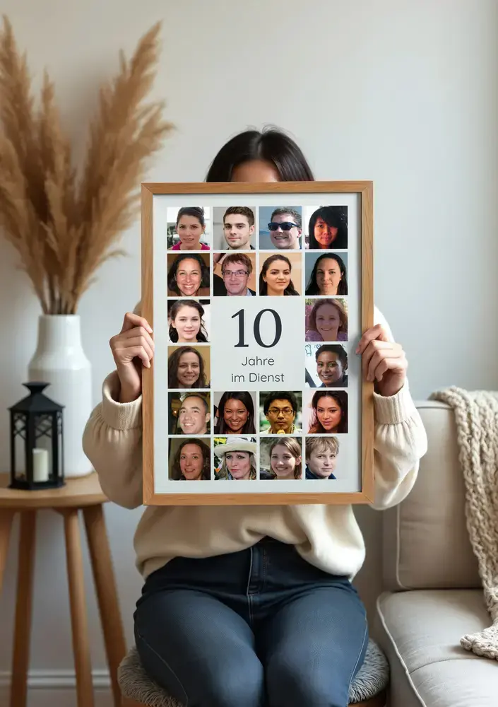 Fotocollage mit Kollegenporträts und großer 10 im Naturholzrahmen im Wohnzimmer, als Geschenk zum 10. Dienstjubiläum