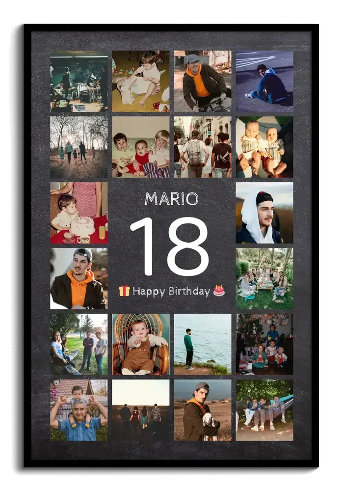 Fotocollage zum 18. Geburtstag im schwarzen Rahmen mit weißer 18, Name und Fotogitter auf dunklem Hintergrund