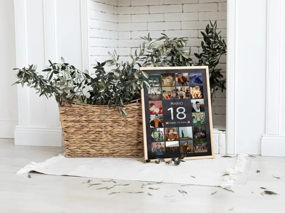 Gerahmte Fotocollage mit großer 18 am Boden neben einem Pflanzenkorb, als Erinnerungsgeschenk zum 18. Geburtstag