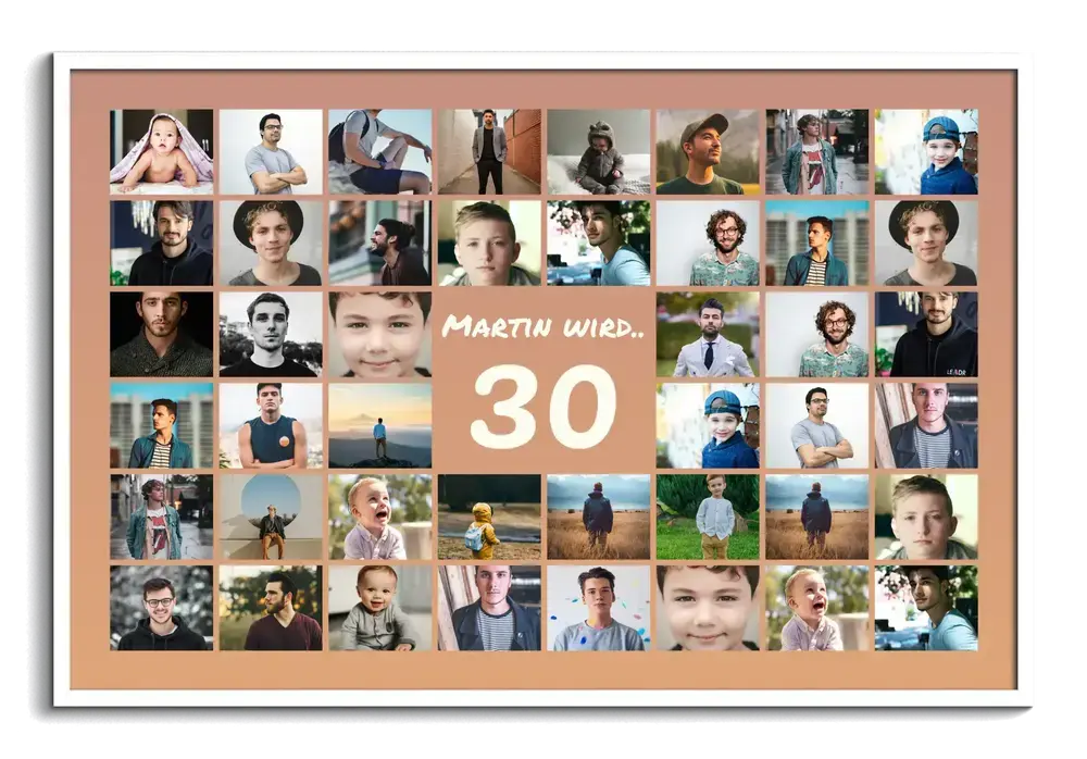 Geschenkidee zum 30. Geburtstag: Fotocollage mit weißer 30 auf apricotfarbenem Grund im weißen Querformatrahmen