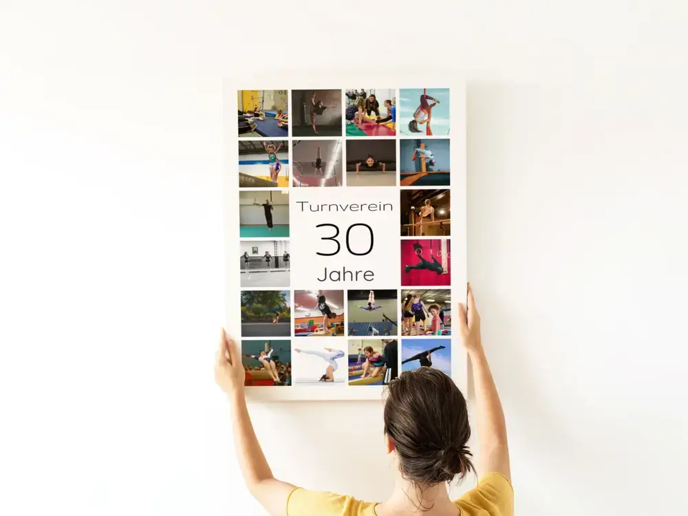 Hochformatige Fotocollage mit 30 und Sportfotos an weißer Wand, persönliche Geschenkidee zum 30. Vereinsjubiläum