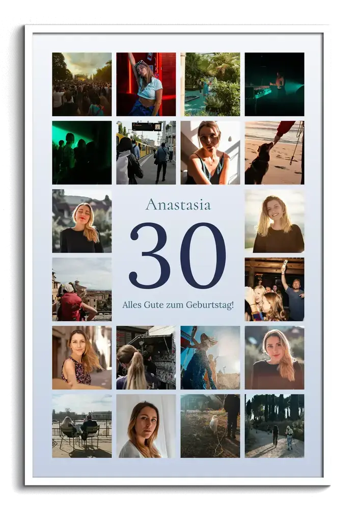 Fotocollage mit großer 30 und Namen im weißen Hochformatrahmen als persönliches Geschenk zum 30. Geburtstag