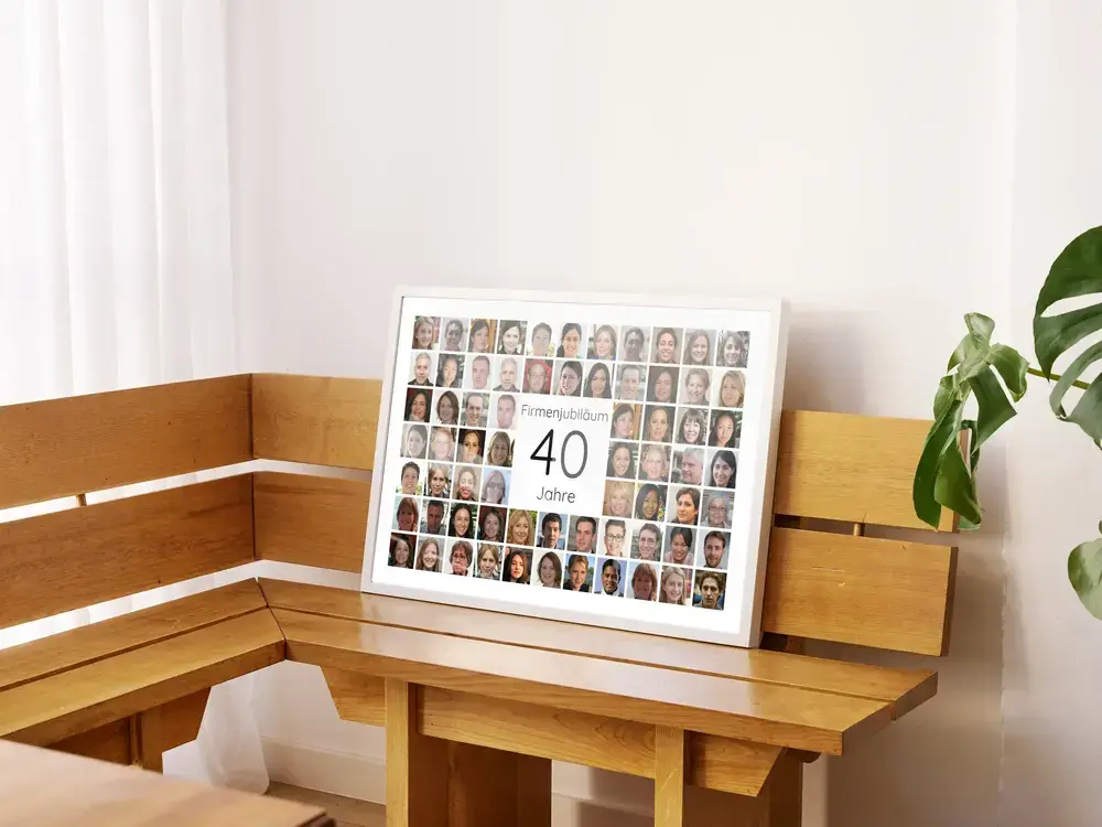 Fotocollage mit Porträts und Zahl 40 im weißen Rahmen auf Holzbank, als Geschenk zum 40. Firmenjubiläum