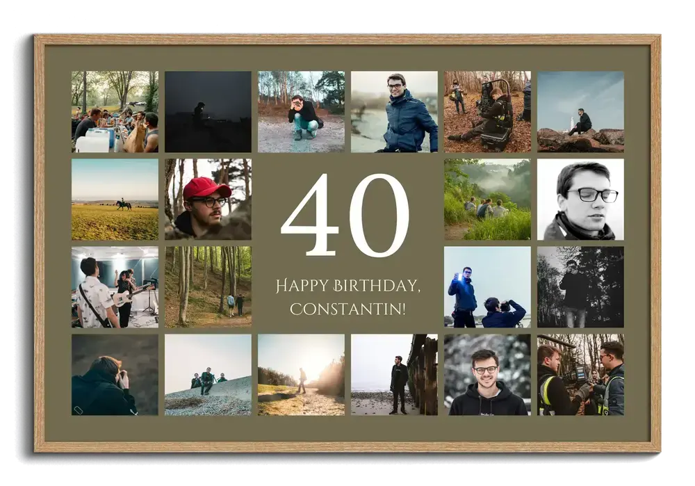 Fotocollage im Holzrahmen mit Outdoor-Fotos um eine große 40 auf Olivgrün und persönlichem Geburtstagsgruß