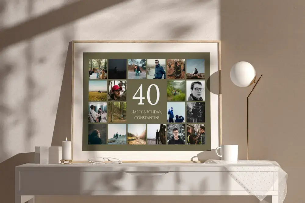 Gerahmte Fotocollage mit großer 40 und Outdoor-Fotos auf olivgrünem Grund, auf einer weißen Kommode neben einer Lampe