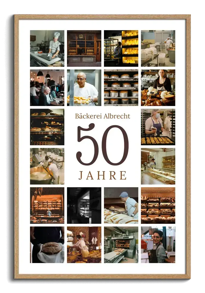 Fotocollage mit Bäckereifotos rund um eine große 50 im Holzrahmen, als Geschenk zum Firmenjubiläum