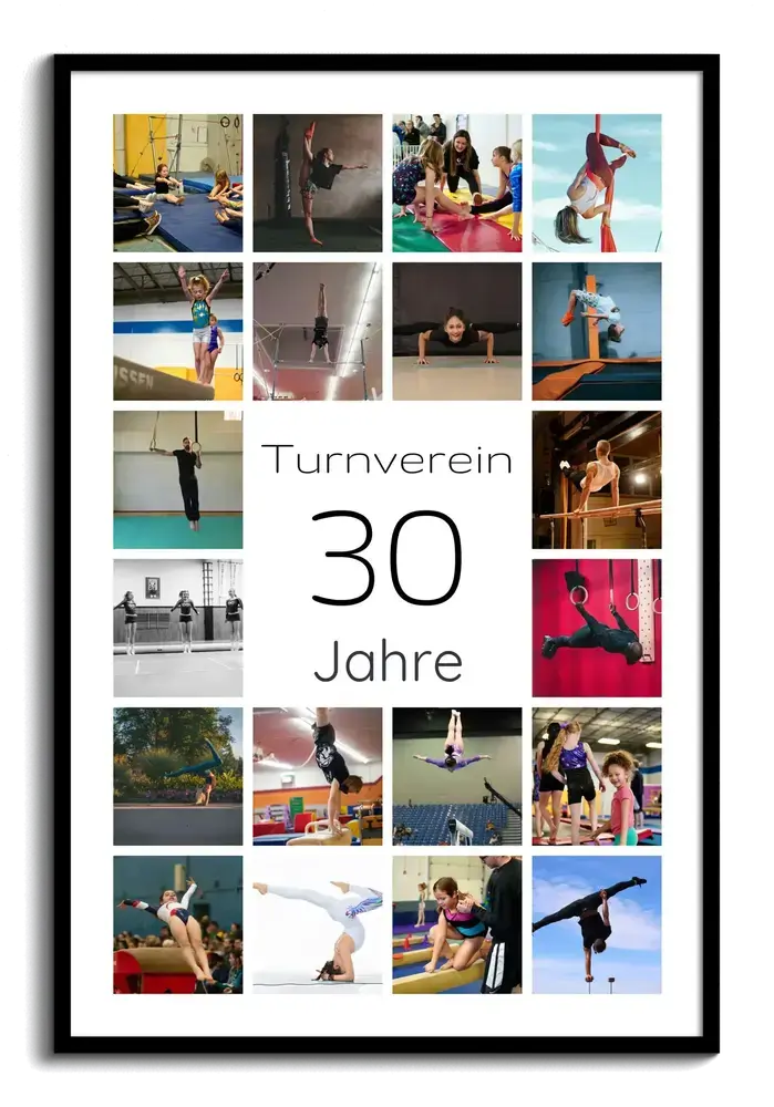 Fotocollage mit zentraler 30 und Sportfotos im schwarzen Rahmen als Geschenk zum 30. Vereinsjubiläum