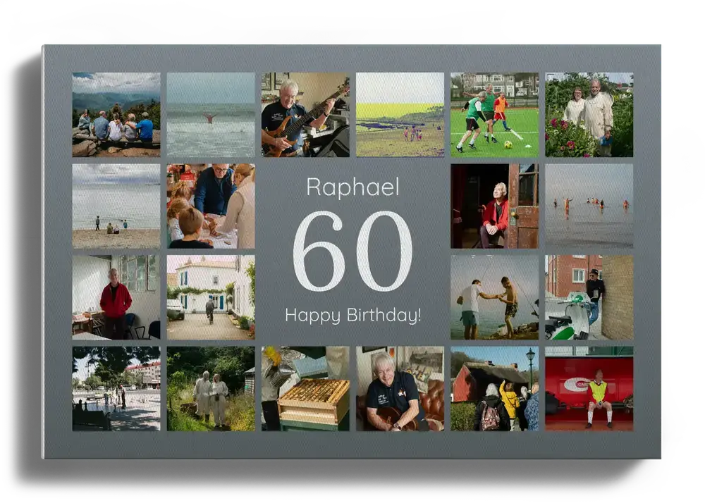 Fotocollage auf Leinwand mit großer 60 und Fotoraster auf Grau als persönliches Geschenk zum 60. Geburtstag