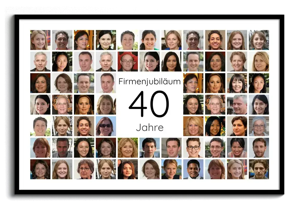 Fotocollage zum 40-jährigen Firmenjubiläum im schwarzen Rahmen, mit Mitarbeiterporträts rund um eine große 40 auf Weiß