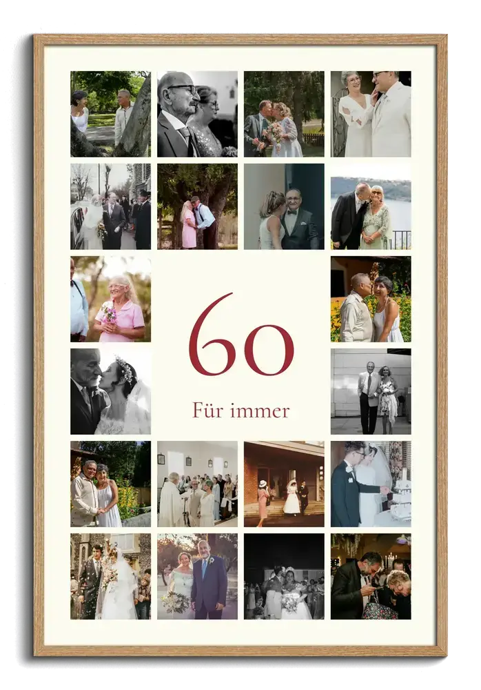 Fotocollage mit roter 60 inmitten von Paarfotos im Naturholzrahmen als Geschenk zur Diamantenen Hochzeit