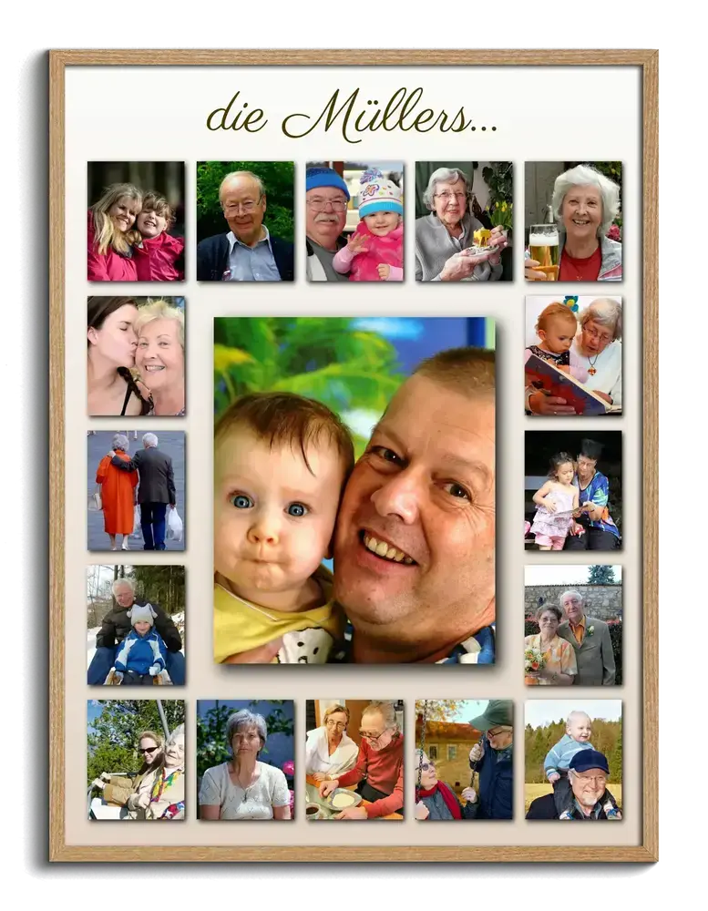 Fotocollage-Poster im Naturholzrahmen mit großem Familienfoto in der Mitte, als persönliches Geschenk für die Familie