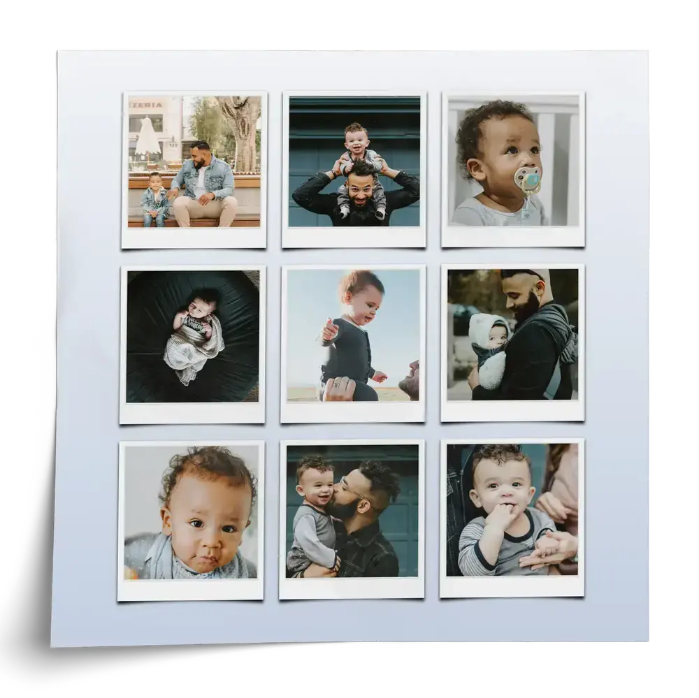 Fotocollage als Poster mit neun Polaroid-Motiven von Papa und Kindern auf hellblauem Verlauf