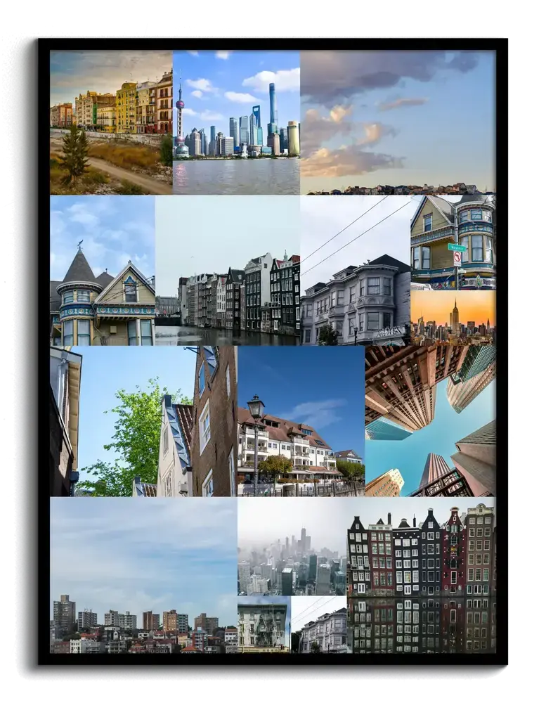Urlaubsfoto-Collage mit Stadtansichten und Sehenswürdigkeiten in verschieden großen Feldern, im schwarzen Rahmen