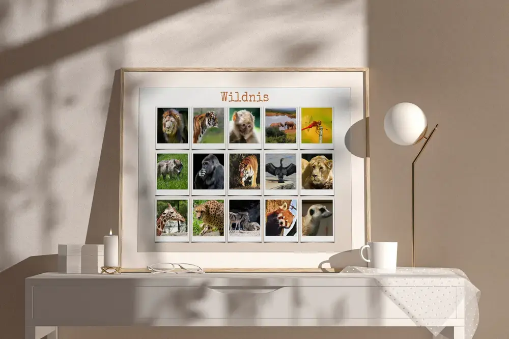 Wildtier-Fotocollage in Polaroid-Optik mit Überschrift im hellen Holzrahmen auf einer weißen Kommode